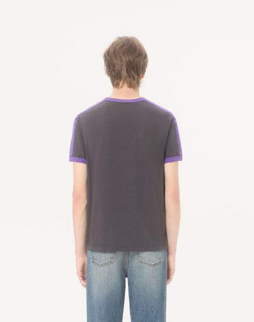 Valentino - Valentino Cotton T-shirt With Crew Neck, Contrasting Side Bands And Vlogo Embroidery - Anthracite/purple - Man - T-shirts And Sweatshirts