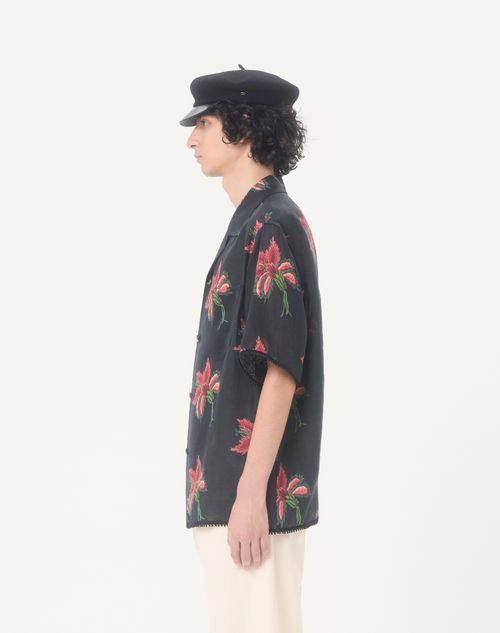 Valentino - Valentino Bowlinghemd Aus Leinen Mit Papier Floral-print - Schwarz/ Rot - Mann - Hemden