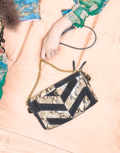 Valentino Garavani - Valentino Garavani Panthea Small Shoulder Bag In Python And Suede With A Chevron Pattern - Beige/black - Woman - Shoulder Bags
