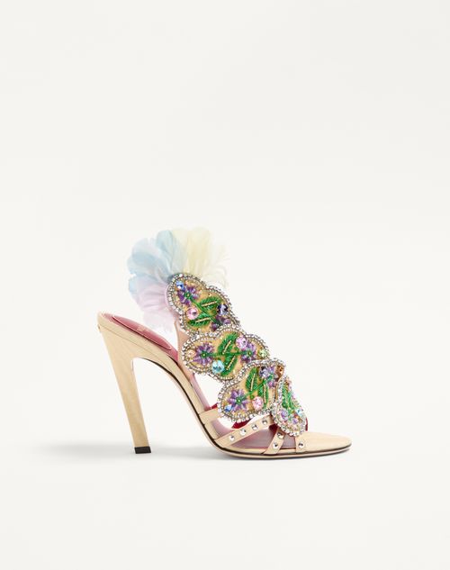 Valentino Garavani - Dans Le Foyer Sandal In Moiré Fabric With Floral Embroidery And Feathers 105mm - Multicolor - Woman - Sandals
