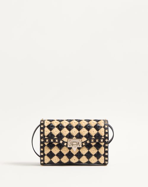 Valentino Garavani - Valentino Garavani Rockstud Small Shoulder Bag In Embroidered Synthetic Raffia - Natural/black - Woman - Valentino Garavani Rockstud