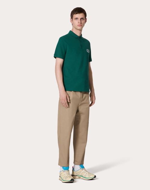 Valentino - Cotton Piqué Polo Shirt With Vlogo Signature Patch - College Green - Man - Tshirts And Sweatshirts