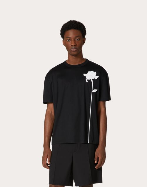 Mercerized Cotton T shirt With Flower Embroidery for Man in Black