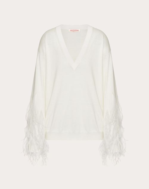 Valentino - Wool Sweater With Feathers - Ivory - Woman - Knitwear