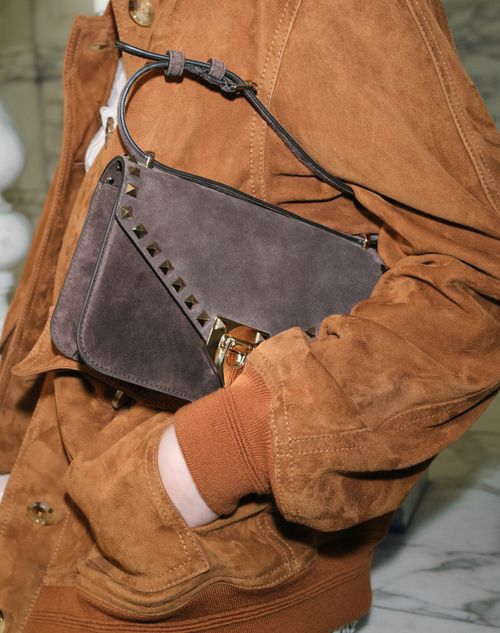 Valentino Garavani - Valentino Garavani Rockstud Small Shoulder Bag In Suede - Ebony - Woman - Shoulder Bags