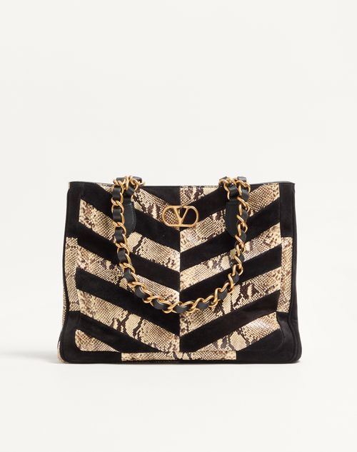 Valentino Garavani - Valentino Garavani Laseine Shopping Bag In Python And Chevron-patterned Suede - Beige/black - Woman - Totes