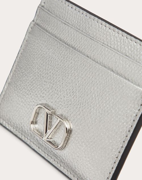 Valentino Garavani - Porte-cartes Vlogo Signature En Cuir De Veau Grainé Métallisé - Argent - Femme - Petits Cadeaux