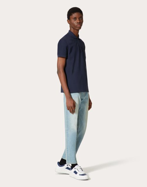 Valentino - Polo En Piqué De Coton Avec Élément En V Surpiqué - Bleu Marine - Homme - T-shirts Et Sweat-shirts