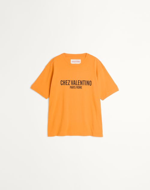 Valentino - Cotton T-shirt With Chez Valentino Print - Orange - Man - Tshirts And Sweatshirts