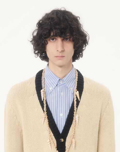 Valentino - Valentino Wool Cardigan With Embroidered Vg - Butter/black - Man - Knitwear