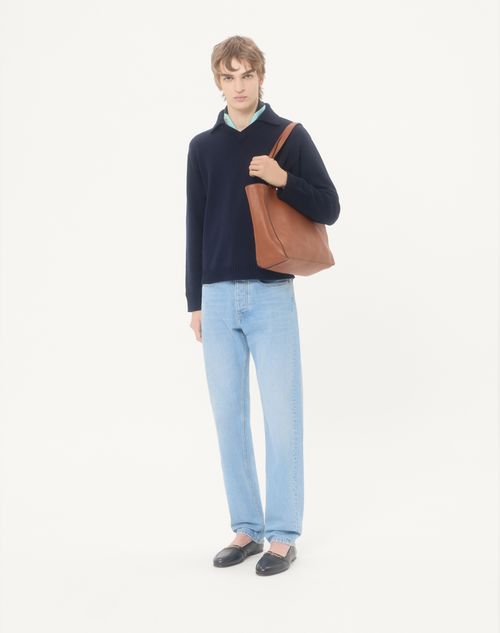 Valentino - Valentino Wool Sweater With Vlogo Signature Patch And Polo Collar - Navy - Man - Knitwear