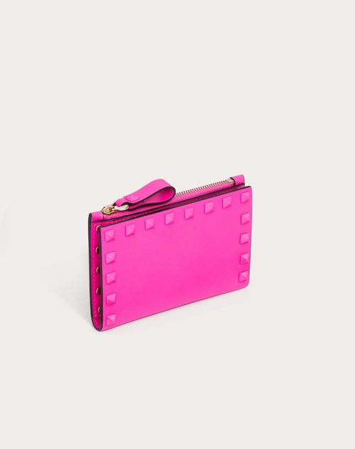 Rockstud Calfskin Cardholder With Zip for Woman in Pink Pp | Valentino US