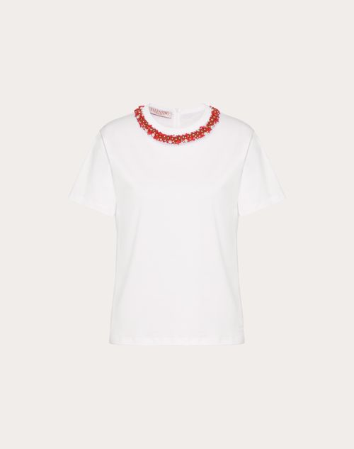 Valentino - Besticktes T-shirt Aus Baumwolljersey - Weiß - Frau - T-shirts & Sweatshirts