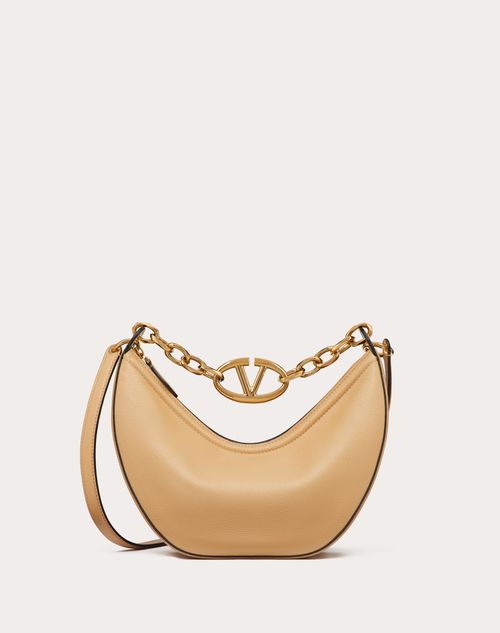 Valentino Garavani - Kleine Vlogo Moon Hobo Bag Aus Genarbtem Kalbsleder Mit Kette
 - Cappuccino - Frau - Schultertaschen