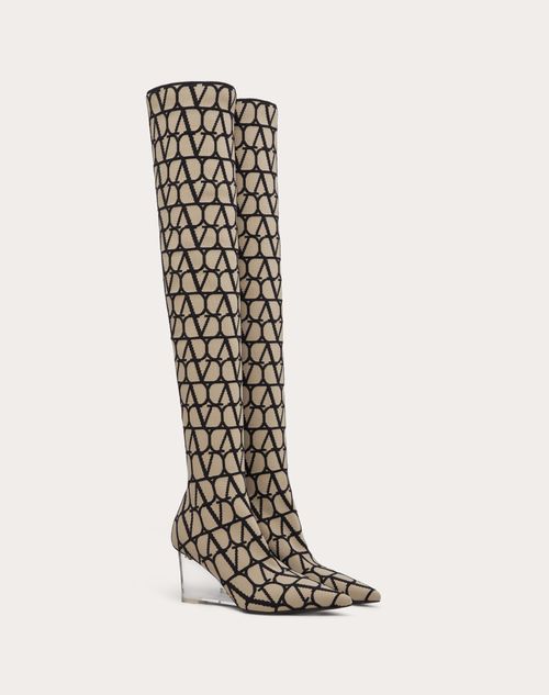 Valentino Garavani - Toile Iconographe Stretch Knit Over-the-knee Boot 75mm - Beige/black - Woman - All About Logo