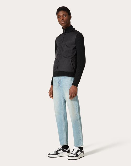Valentino - Wool Knit Jacket With Toile Iconographe Nylon Jacquard Front Panel - Black - Man - Apparel
