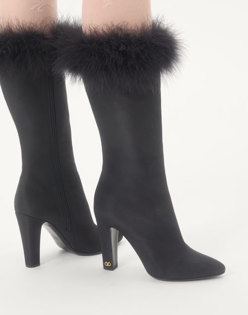 Valentino Garavani - Hotty Shantung Fabric Boot With Feathers 100mm - Black - Woman - Boots And Ankle Boots
