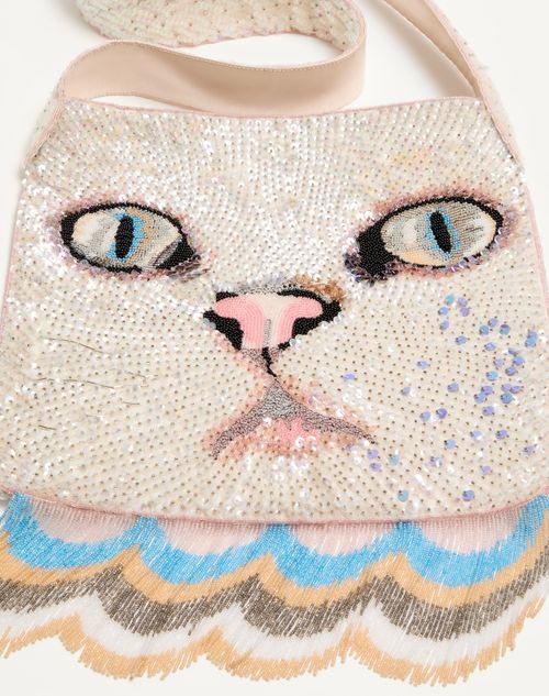 Valentino Garavani - Valentino Garavani Le Chat De La Maison Embroidered Shoulder Bag With Fringes - Butter - Woman - Shoulder Bags