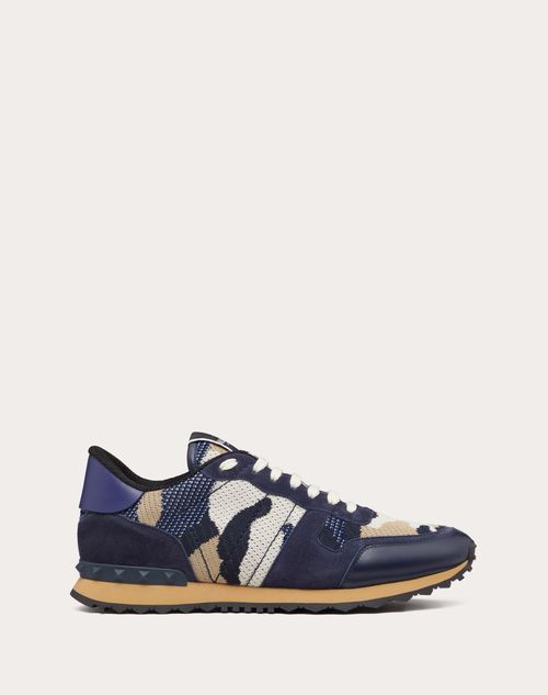 Mesh Fabric Camouflage Rockrunner Sneaker for Man in Marine | Valentino SG