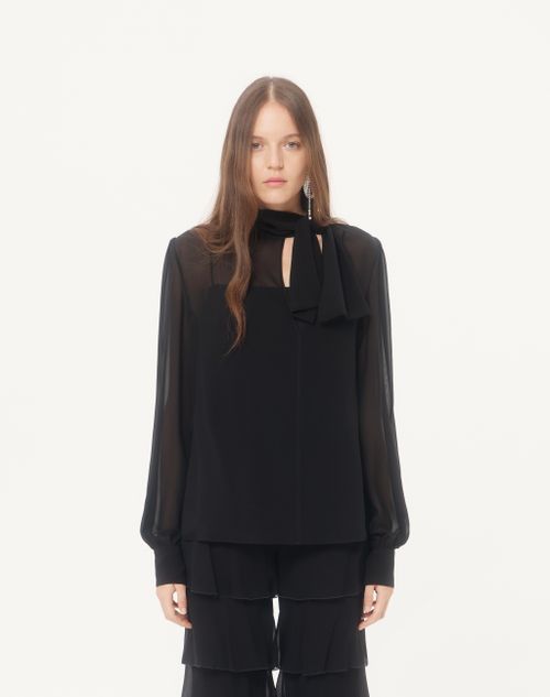 Valentino - Leichtes Georgette-top Mit Schal - Schwarz - Frau - Blusen Und Tops