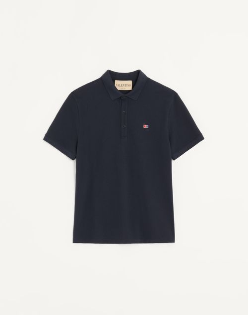 Valentino - Valentino Cotton Piqué Polo Shirt With Vlogo Signature Patch - Navy - Man - T-shirts And Sweatshirts