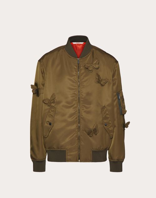 Valentino - Chaqueta Bomber De Nailon Con Bordado Butterfly - Olive - Hombre - Chaquetas Y Plumíferos