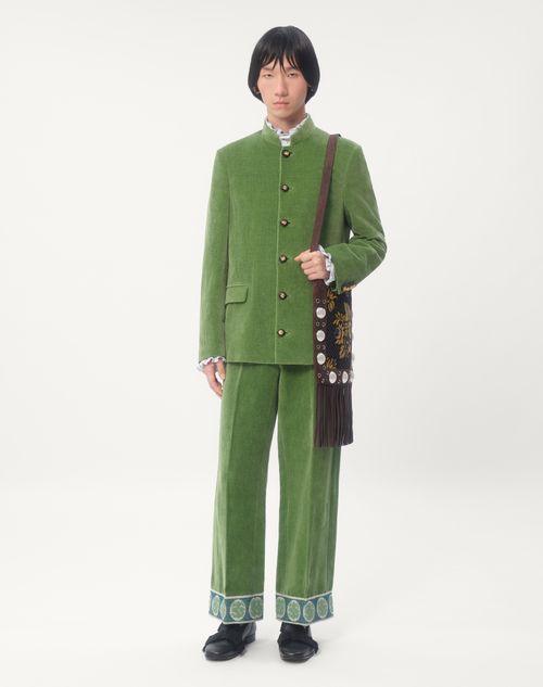 Valentino - Washed Cotton-linen Velvet Pants With Jacquard Hems - Green - Man - Shelf - Mrtw - Logos & Collection - W1