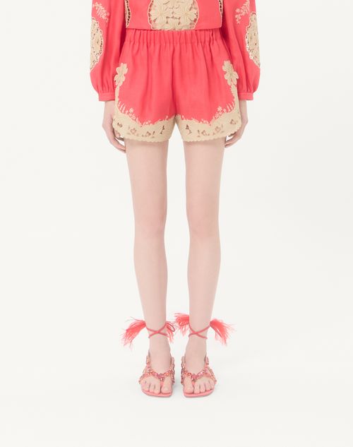 Valentino - Embroidered Couture Linen Shorts - Coral/beige - Woman - Trousers And Shorts
