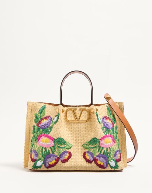Valentino Garavani - Medium Shopping Bag In Synthetic Raffia With Floral Embroidery - Natural/multicolour - Woman - Summer Totes - Bags (vlogo Totes/signature)