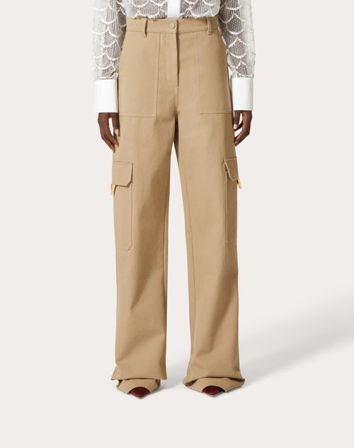 Stretch Cotton Canvas Cargo Pants for Woman in Beige