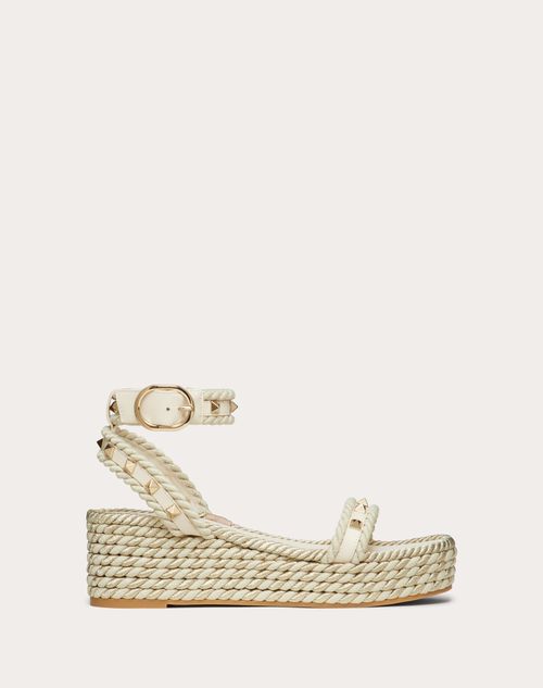 Valentino Garavani - Rockstud Flatform Sandal In Calfskin 45mm - Light Ivory - Woman - Espadrilles And Wedges