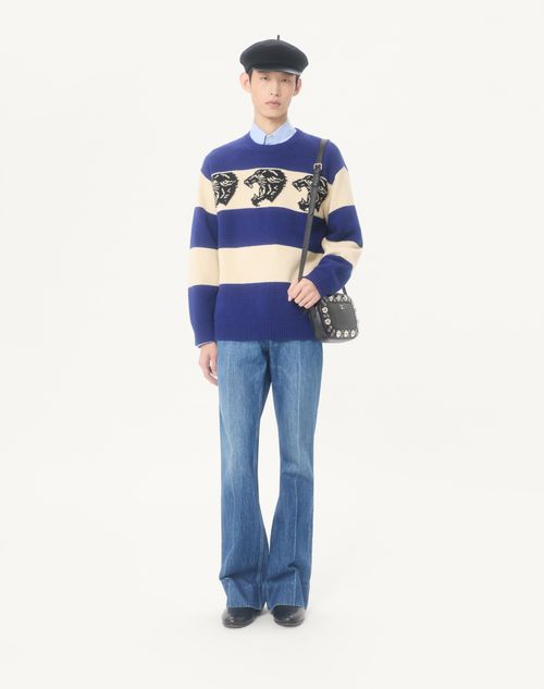 Valentino - Valentino Wool Sweater With Jacquard Panther Pattern - Indigo/butter - Man - Knitwear
