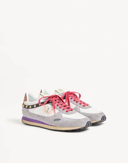 Valentino Garavani - Stud Up Sneaker In Split Leather And Nylon With Butterfly Embroidery - White/multicolor - Man - Sneakers
