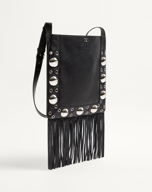 Valentino Garavani - Valentino Garavani Nellcôte Shoulder Bag In Grainy Calfskin With Fringes - Black - Man - Woman