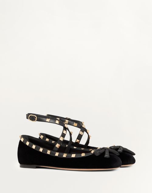 Valentino Garavani - Rockstud Velvet Ballerina - Black - Woman - Shelf - W Shoes - Ballerinas