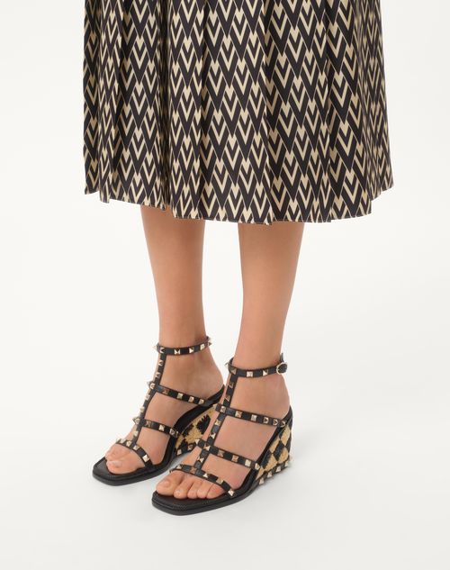 Rockstud Wedge Sandal In Calfskin With Check Embroidery 80mm Rockstud Wedge Sandal In Calfskin With Check Embroidery 80mm