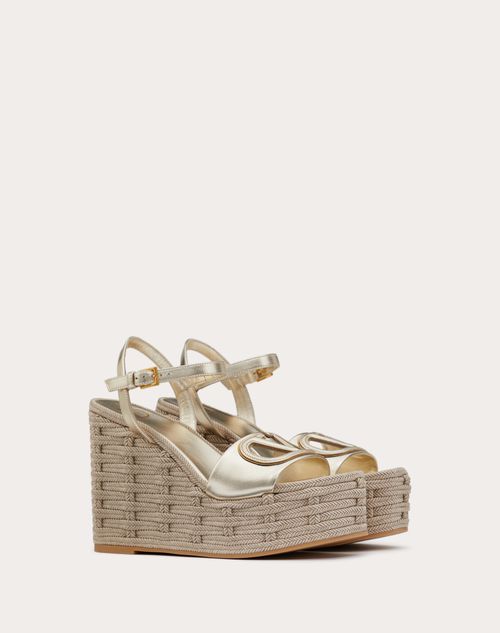 Valentino Garavani - Vlogo Cut-out Wedge Sandal In Laminated Nappa Leather 110mm - Platinum/antique Brass/opal Grey - Woman - Espadrilles - Shoes
