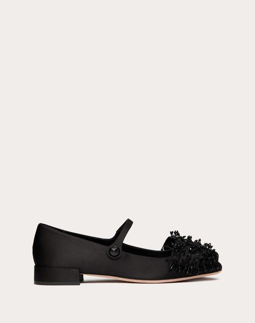 Valentino Garavani - Valentino Garavani Bowjane Mary-jane Satin Ballerina With Fringed Embroidery 20mm - Black - Woman - Ballerinas