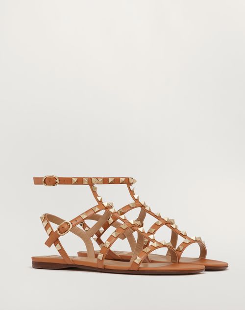 Valentino Garavani - Rockstud Flat Calfskin Sandal With Straps - Almond - Woman - Sandals