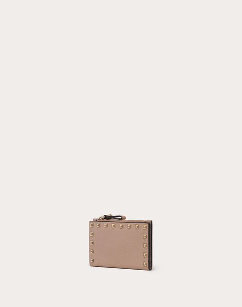 Rockstud Grainy Calfskin Cardholder With Zipper for Woman in Poudre