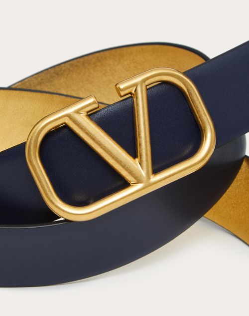 Valentino Garavani - Vlogo Signature Reversible Belt In Shiny And Metallic Calfskin 30mm - Marine - Woman - Belts