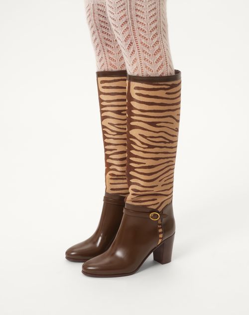 Valentino Garavani - Bottines Pattie En Cuir De Veau Pony, Talon : 75 mm - Beige/tabac - Femme - Boots&booties - Shoes