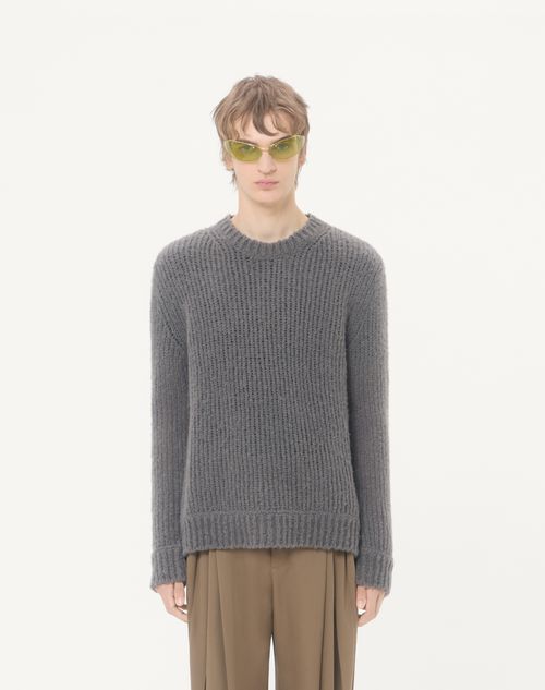 Valentino - Valentino Sweater In Wool And Nylon Blend With Studded Leather Loop - Dark Grey - Man - Knitwear