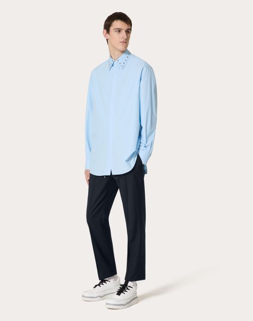 Valentino - Chemise À Manches Longues En Popeline De Coton Avec Cabochons - Bleu Ciel - Homme - Chemisiers