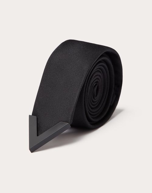 Valentino Garavani - Wool And Silk Valentie Tie With Metal V Appliqué - Black - Man - Soft Accessories