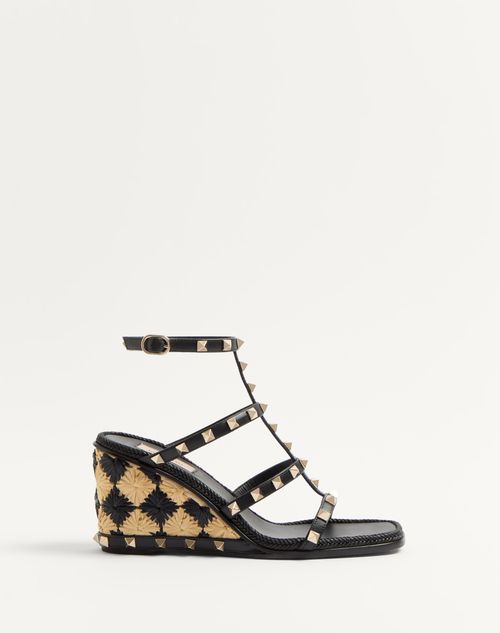 Valentino Garavani - Rockstud Wedge Sandal In Calfskin With Check Embroidery 80mm - Black/natural - Woman - Espadrilles And Wedges