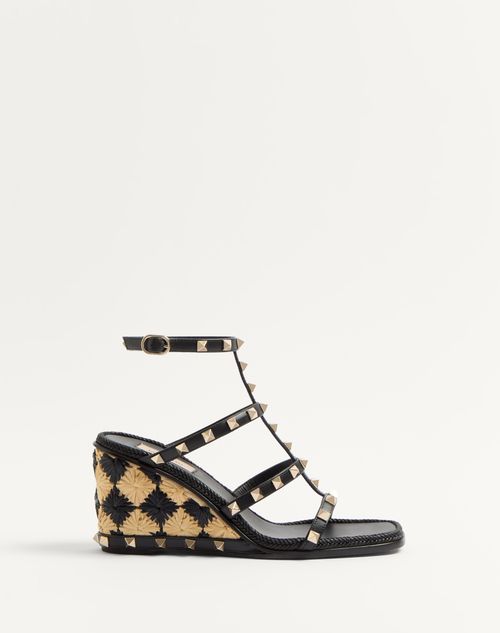 Rockstud Wedge Sandal In Calfskin With Check Embroidery 80mm Rockstud Wedge Sandal In Calfskin With Check Embroidery 80mm