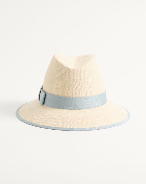 Valentino Garavani - Vlogo Signature Straw Hat With Moiré Ribbon - Natural/azure - Woman - Hats And Gloves