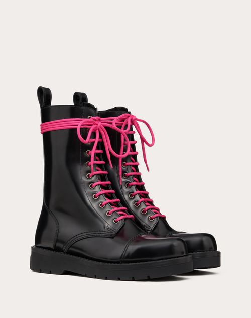 Valentino Garavani - Black Untitled Combat Boots Aus Kalbsleder - Schwarz/pink Pp - Mann - Stiefel