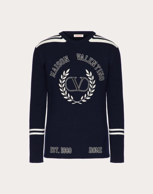 Valentino - Crewneck Sweater In Wool With Maison Valentino Embroidery - Blue/ivory - Man - New Arrivals